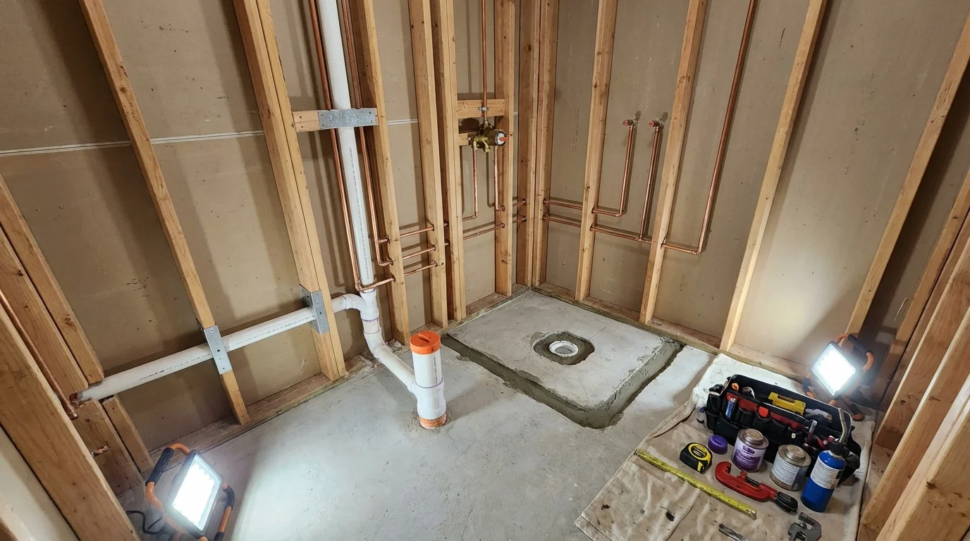 Bathroom rough-in plumbing during remodel by Johns Plumbing LLC in Pelahatchie
