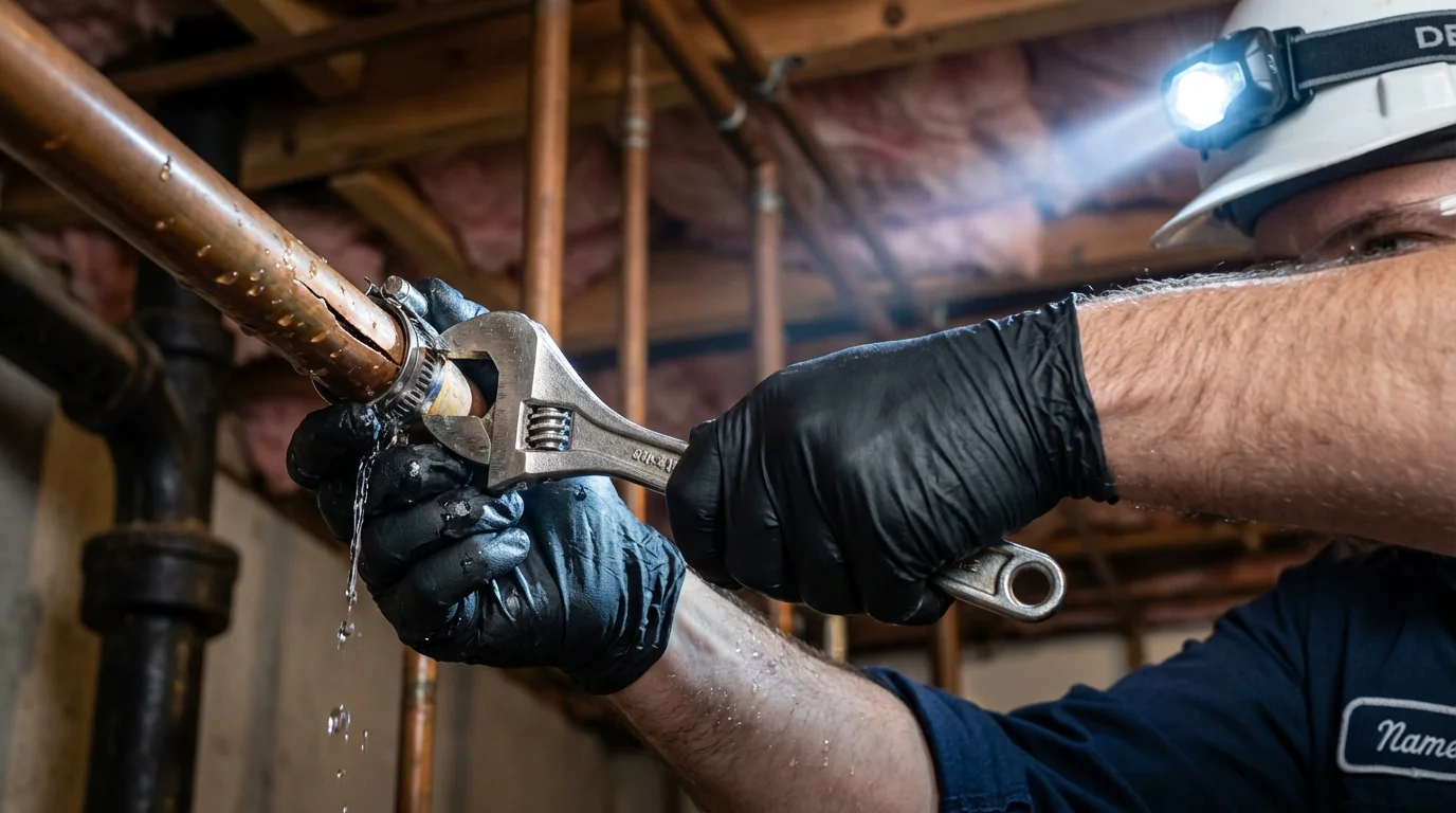 Emergency pipe clamp repair being performed by a Johns Plumbing LLC plumber in Pelahatchie