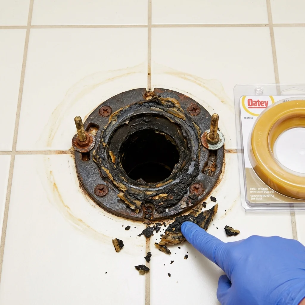 Failed wax ring showing water seepage at the base of a toilet in a Pelahatchie, MS home