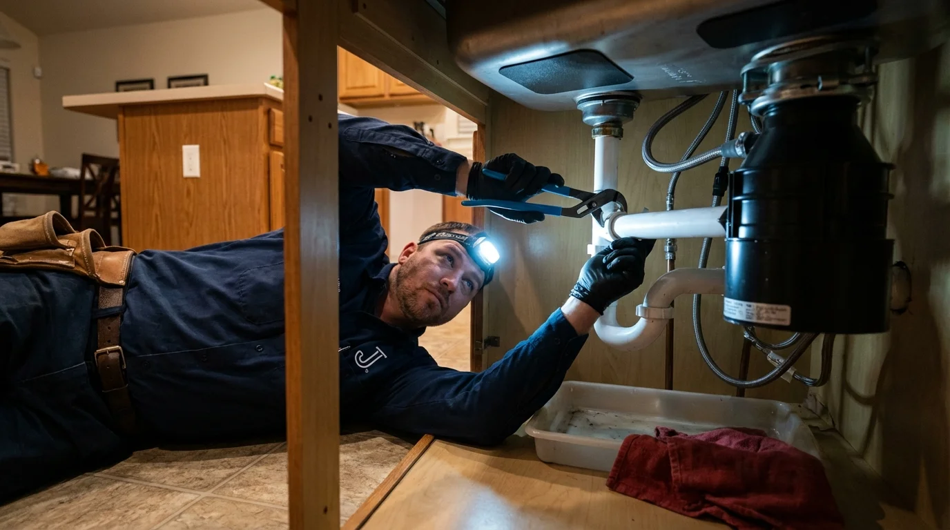 P-trap and supply line connections under a kitchen sink showing a common leak point in Pelahatchie, MS